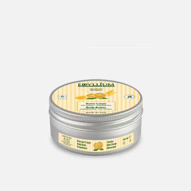 Edyllium burro corpo rigenerante idratante al chinotto con Olio di oliva Dop Garda, aloe vera, olio di cocco, burro di cacao.